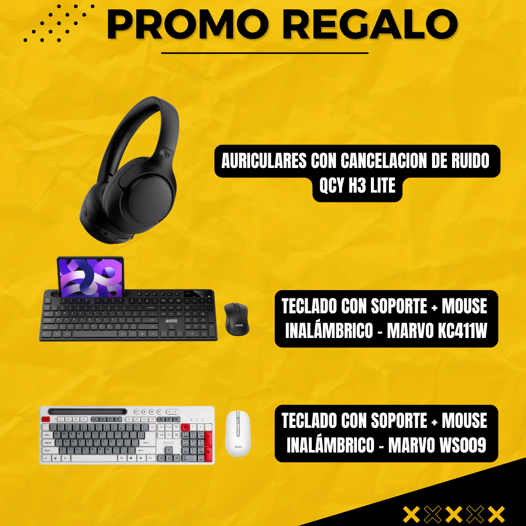 Auriculares +  Teclado y Mouse INALÁMBRICOS MARVO